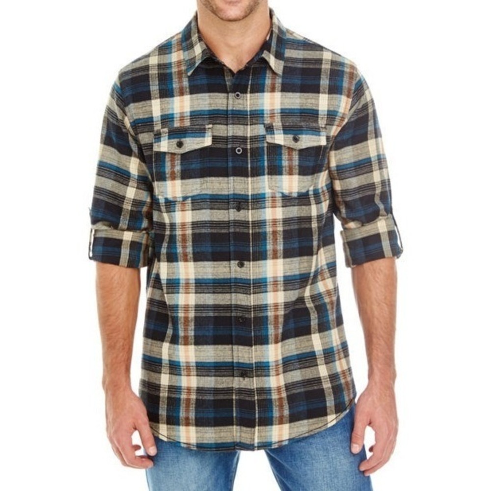 Burnside B8210 Plaid Flannel Shirt Mens Small Khaki Blue Workwear Cabincore